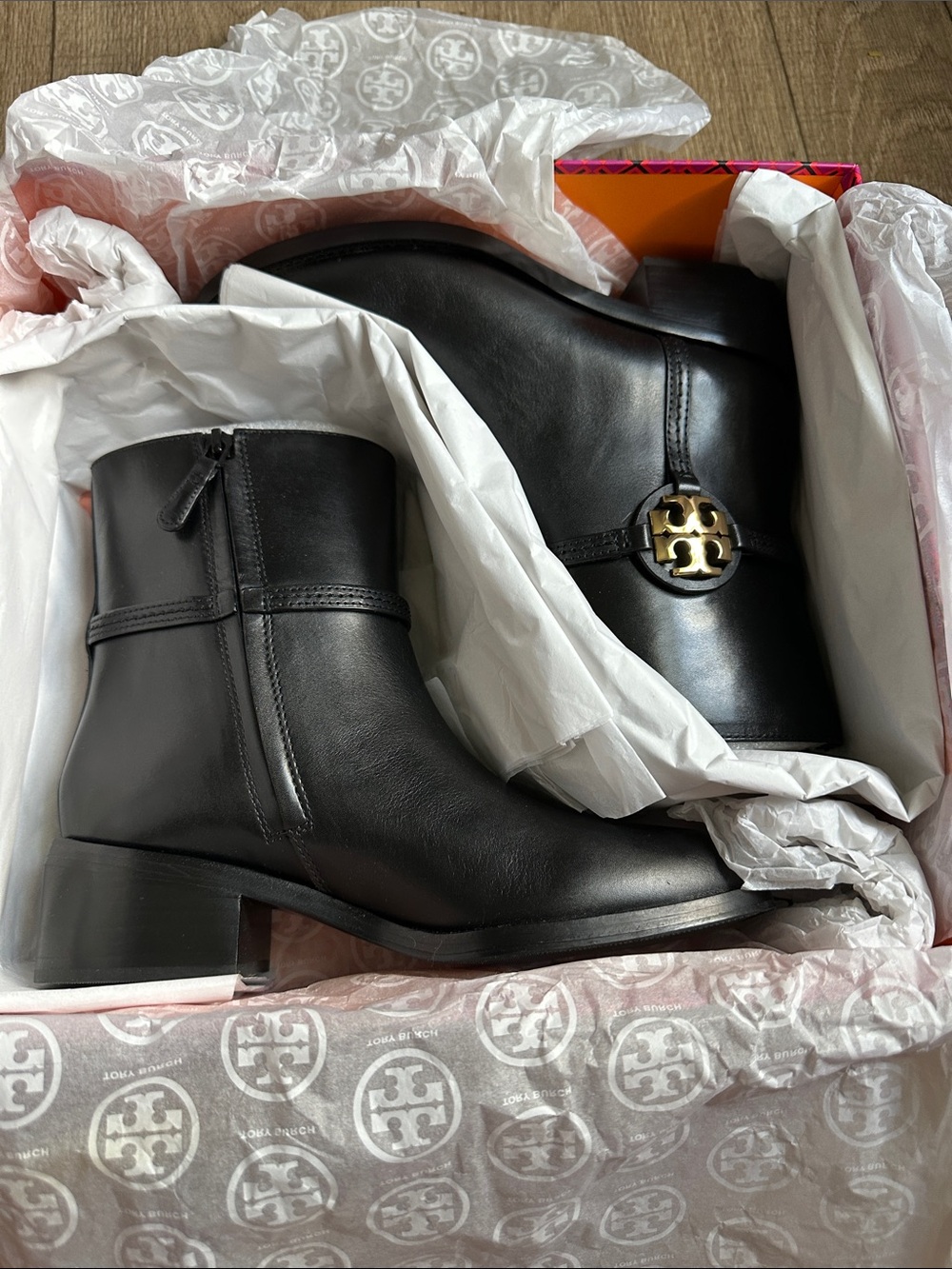 Tory Burch Black Leather Logo Medallion Ankle Boots